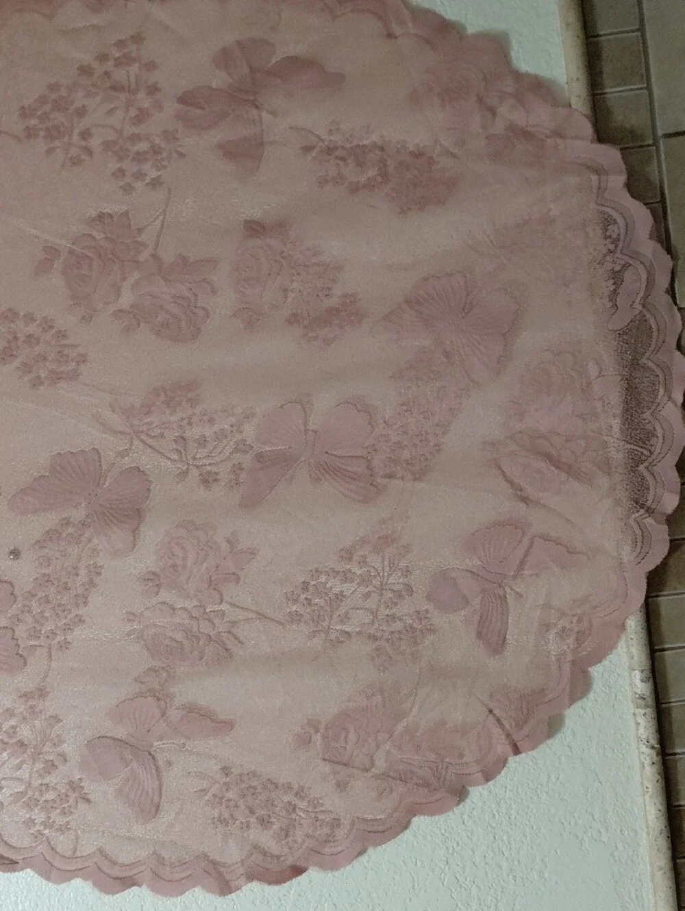 Blush Pink Sheer Floral & Butterfly Lace Overlay Tablecloth